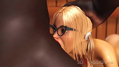 Nerdy girl in glasses gets fucked by black basketball player in sauna